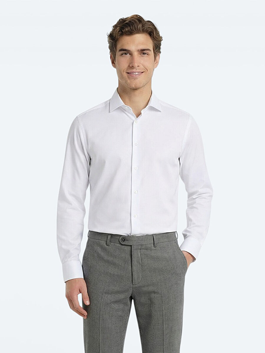White Plain Slim Fit Weaving Classical Cotton Blended Shirt - 2
