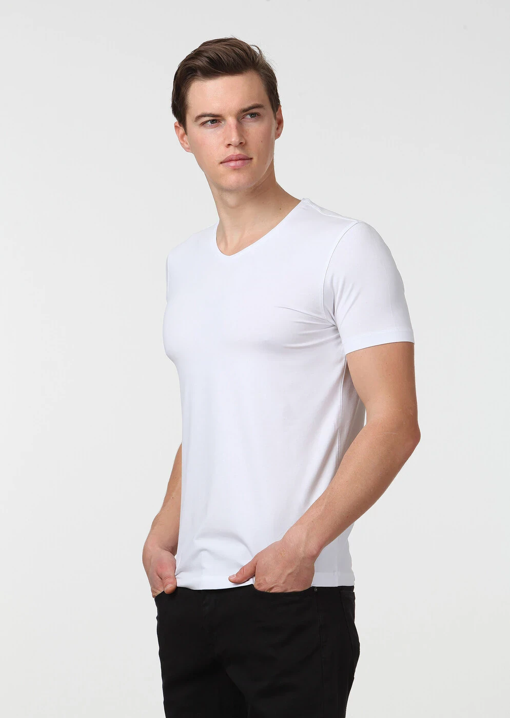 White Plain V-Neck Cotton Blended T-Shirt - 1
