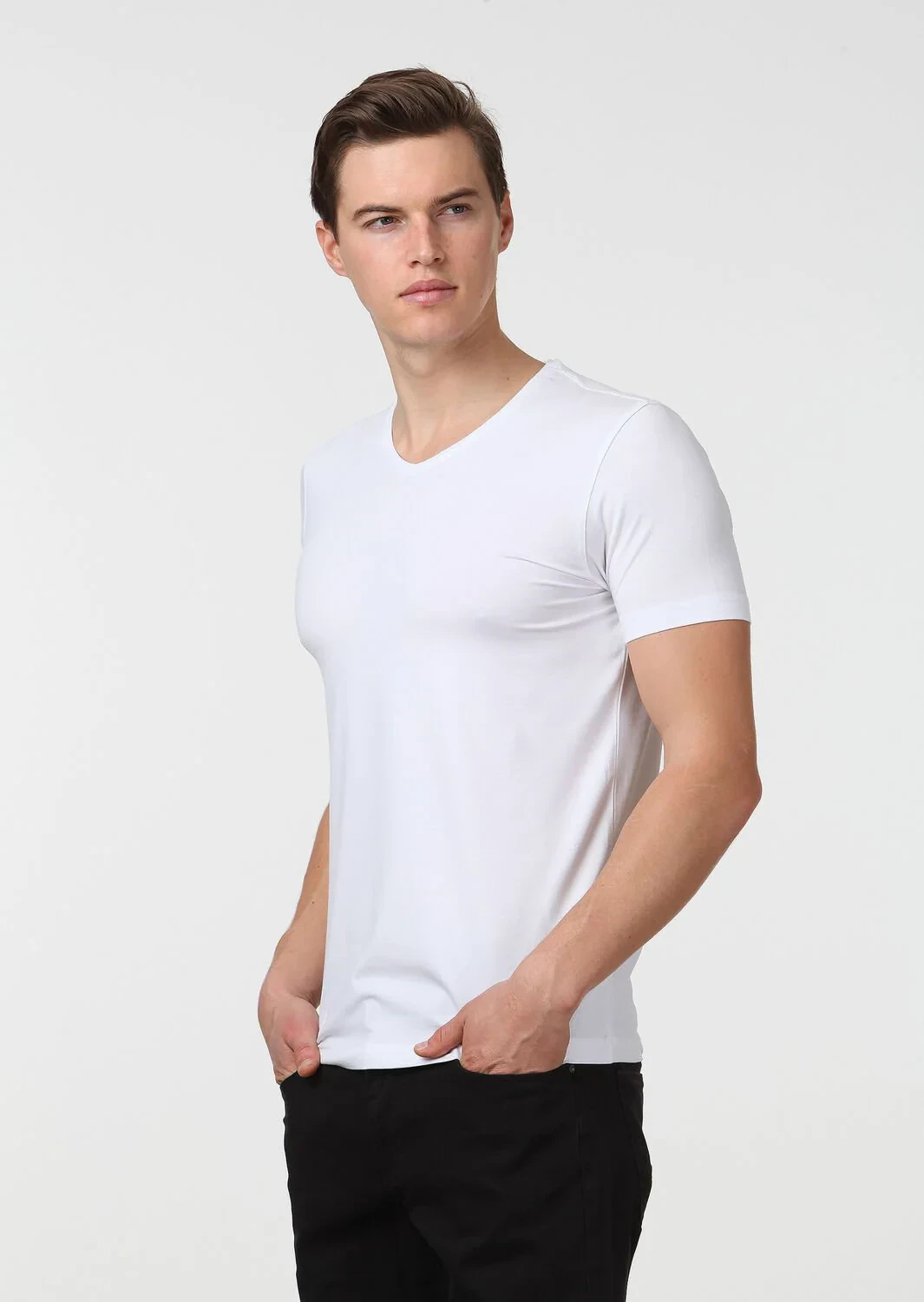White Plain V-Neck Cotton Blended T-Shirt - 1