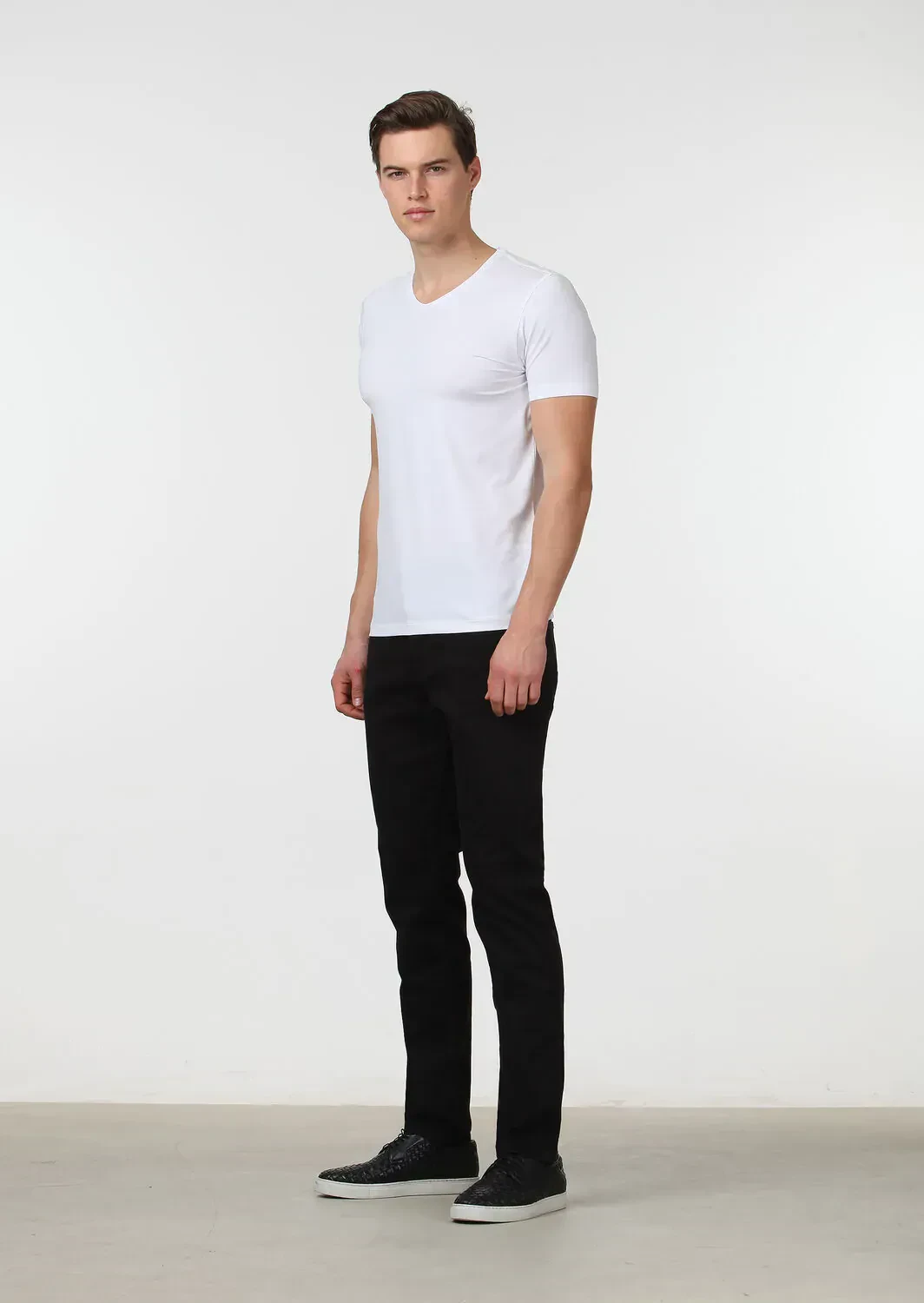 White Plain V-Neck Cotton Blended T-Shirt - 2