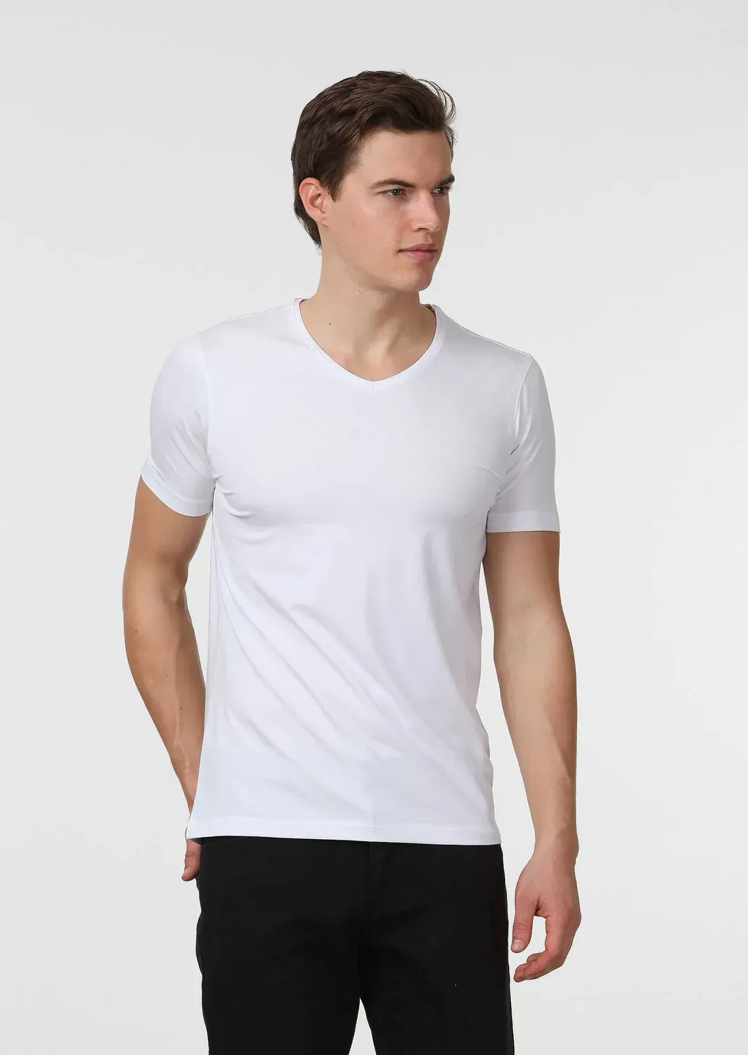 White Plain V-Neck Cotton Blended T-Shirt - 3