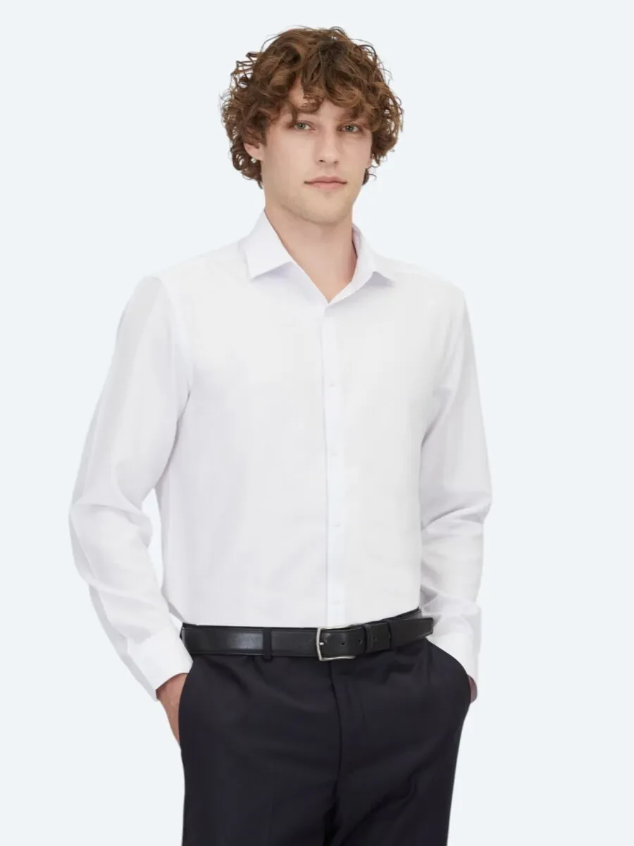 White Plain Weaving Classical Cotton Blended Shirt - 1