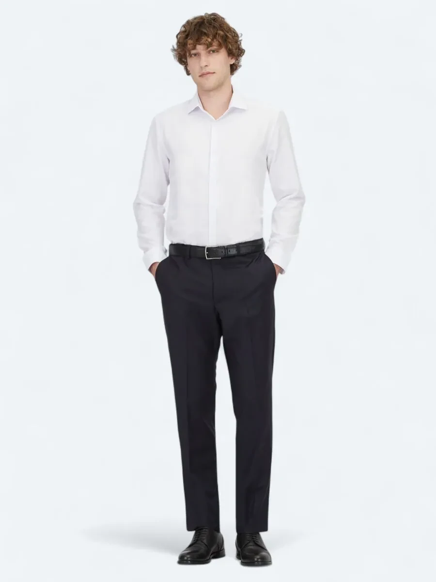 White Plain Weaving Classical Cotton Blended Shirt - 2