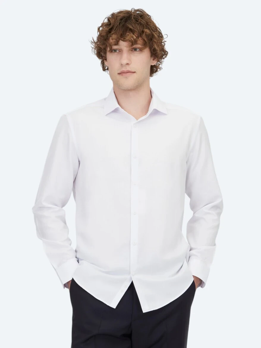 White Plain Weaving Classical Cotton Blended Shirt - 3