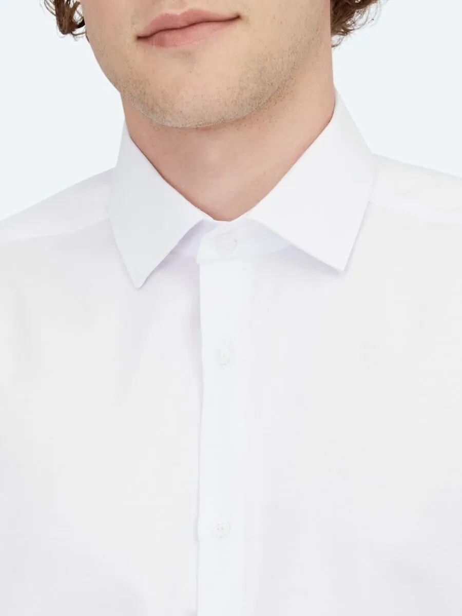 White Plain Weaving Classical Cotton Blended Shirt - 5
