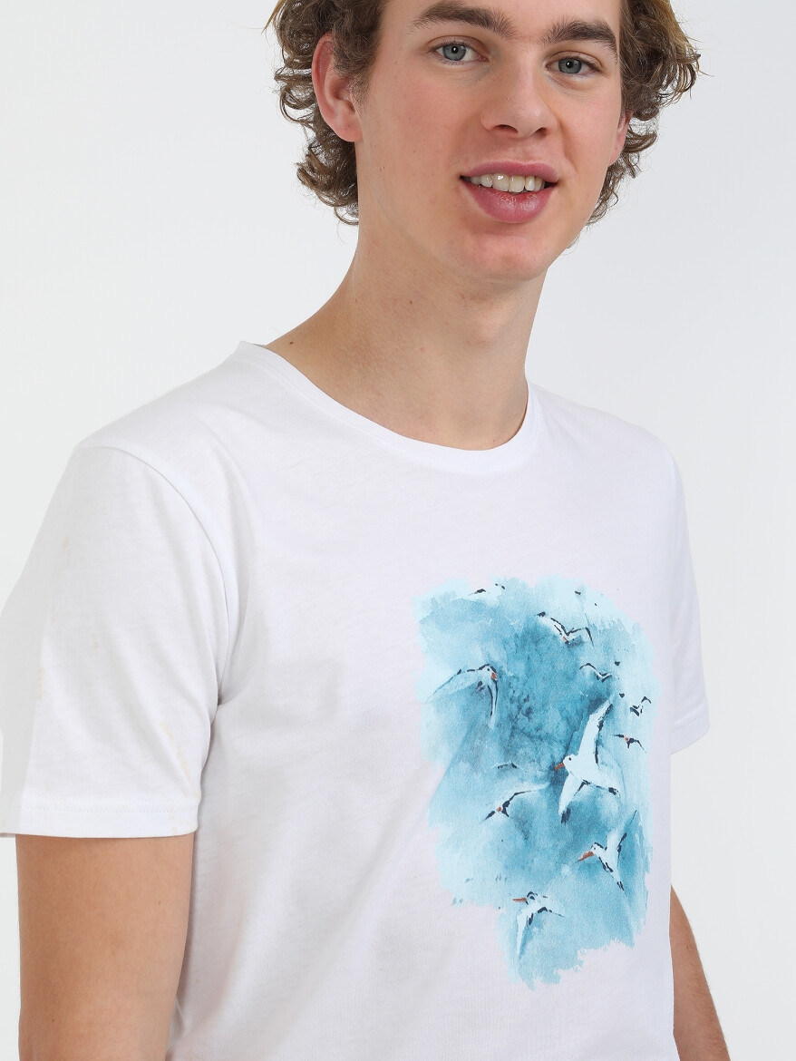 White Printed Crew Neck 100% Cotton T-Shirt - 2