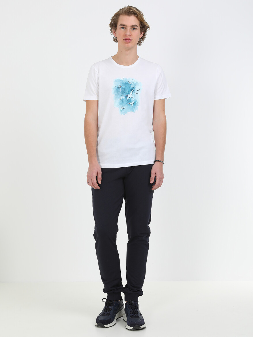 White Printed Crew Neck 100% Cotton T-Shirt - 3