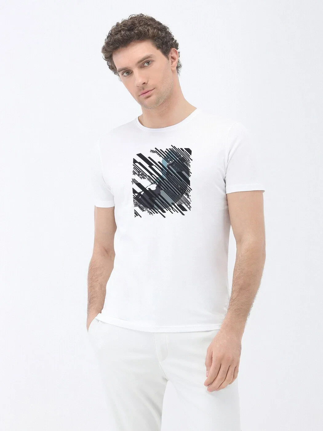 White Printed Crew Neck 100% Cotton T-Shirt - 1