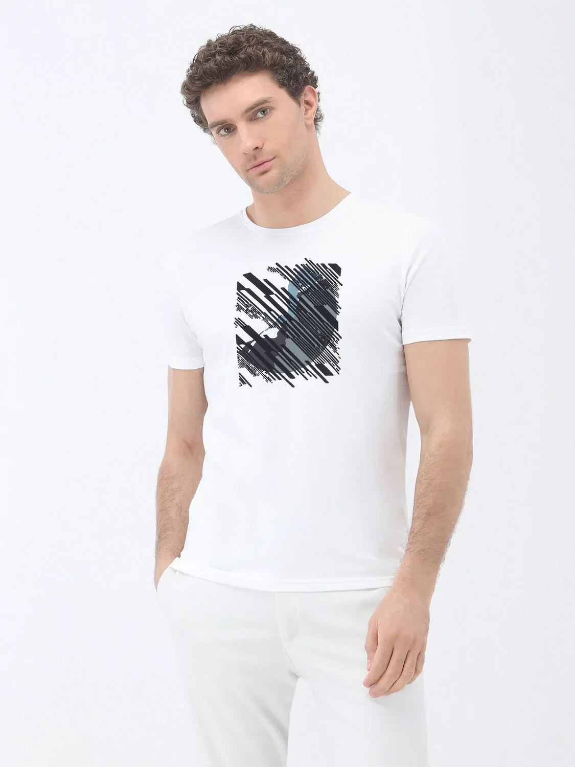 White Printed Crew Neck 100% Cotton T-Shirt - 1