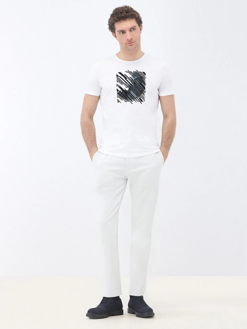 White Printed Crew Neck 100% Cotton T-Shirt - 2