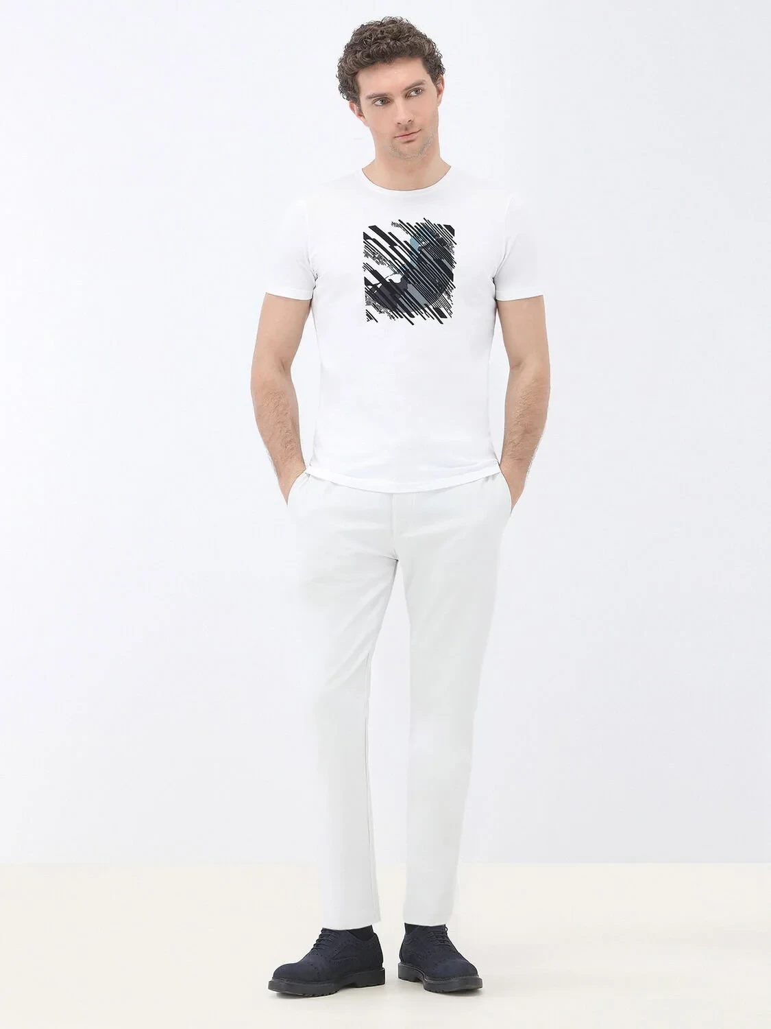White Printed Crew Neck 100% Cotton T-Shirt - 2