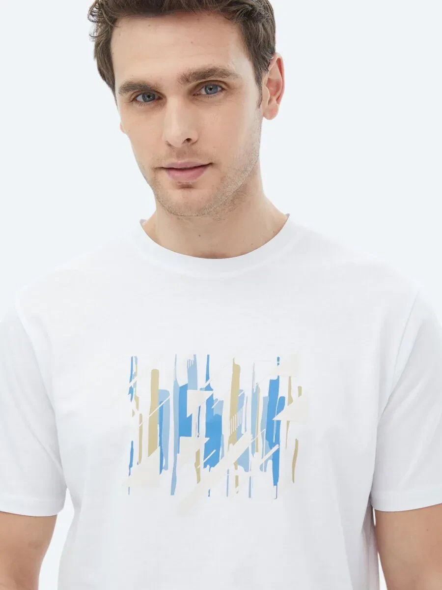 White Printed Crew Neck 100% Cotton T-Shirt - 3