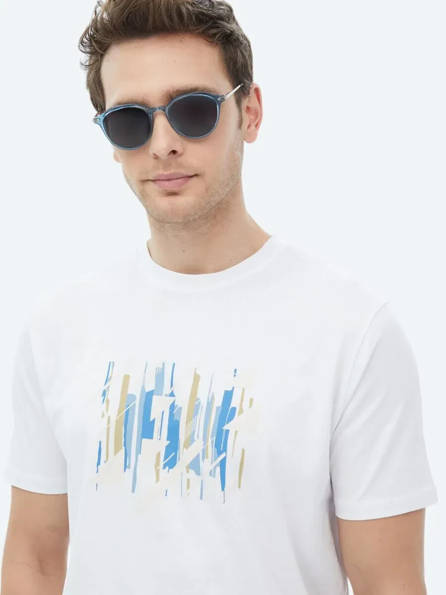 White Printed Crew Neck 100% Cotton T-Shirt - 7