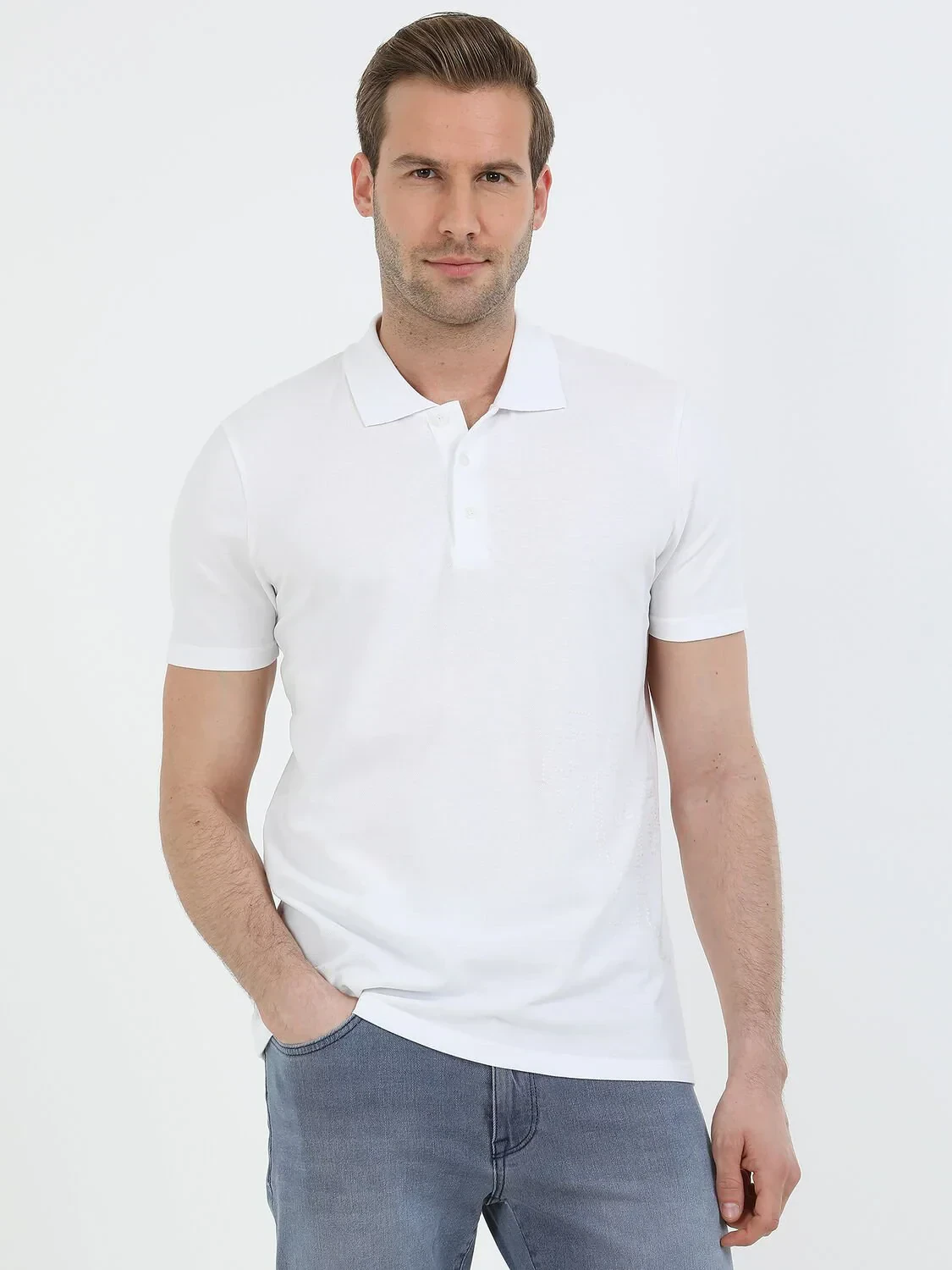 White Printed Polo Neck 100% Cotton T-Shirt - 1