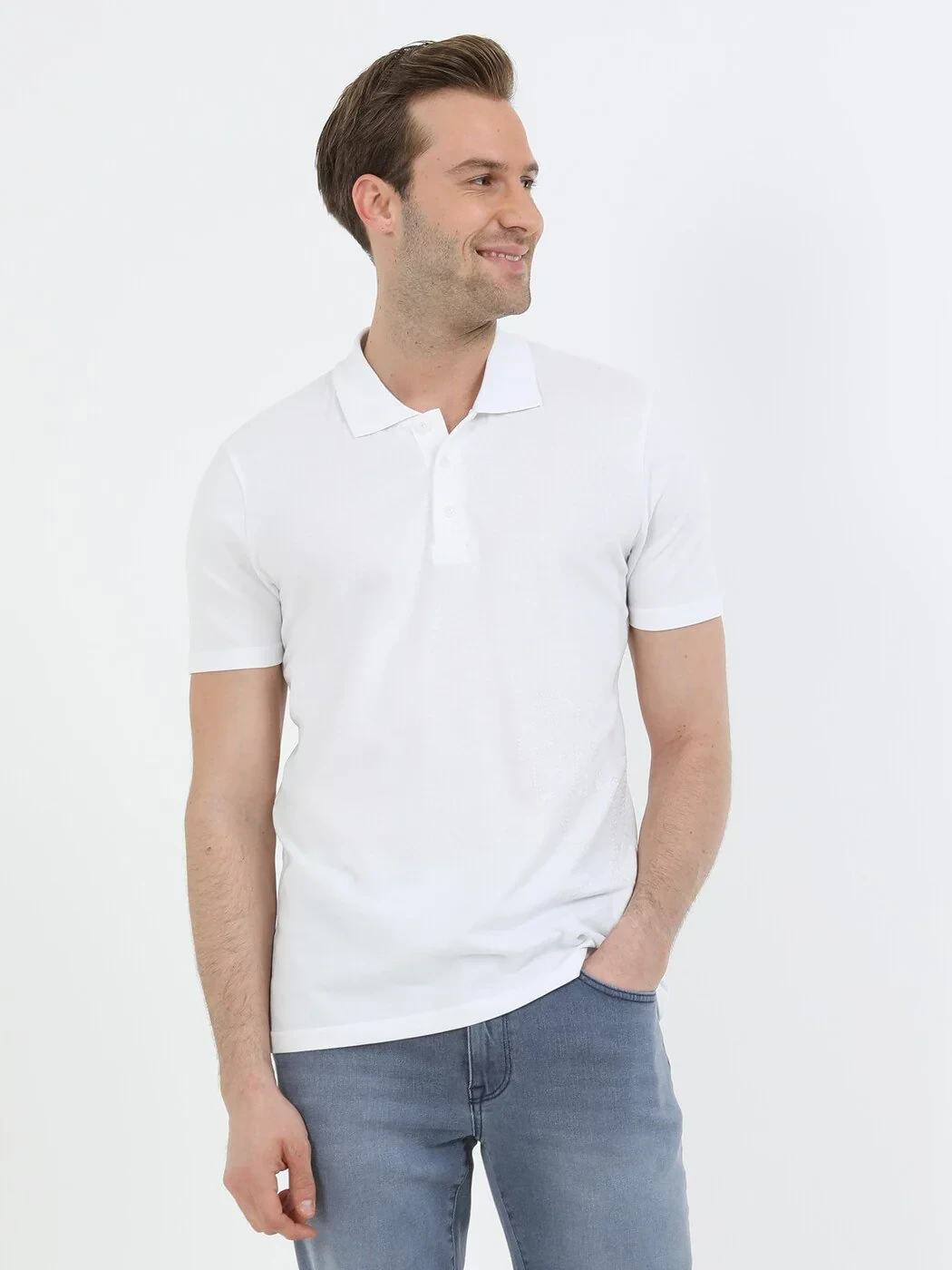 White Printed Polo Neck 100% Cotton T-Shirt - KİP