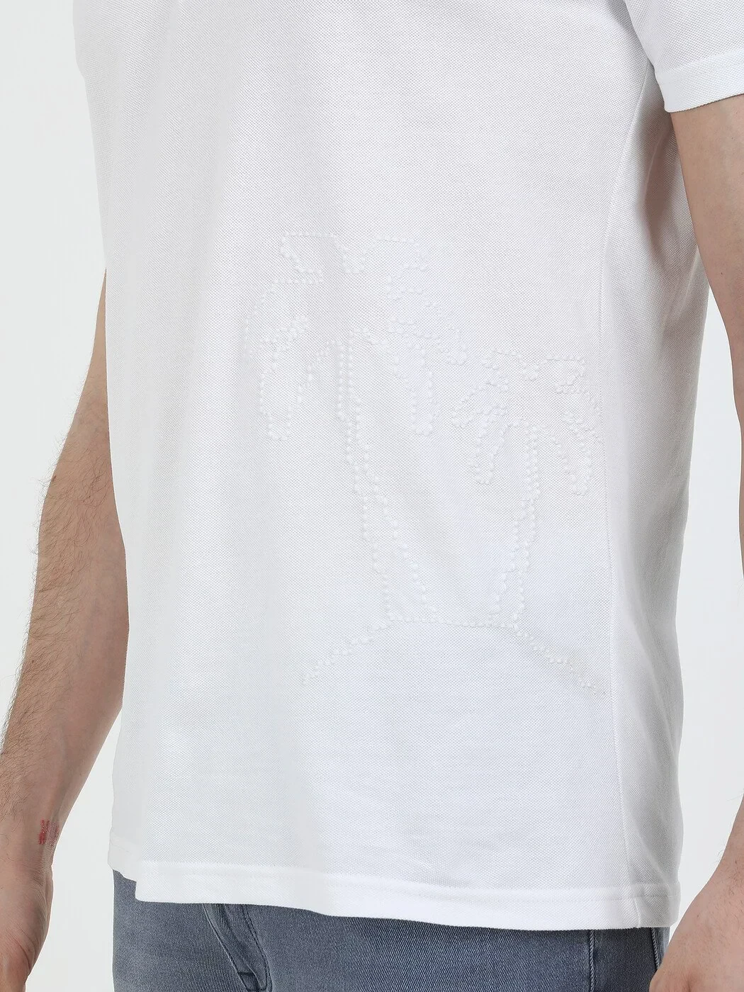 White Printed Polo Neck 100% Cotton T-Shirt - 4