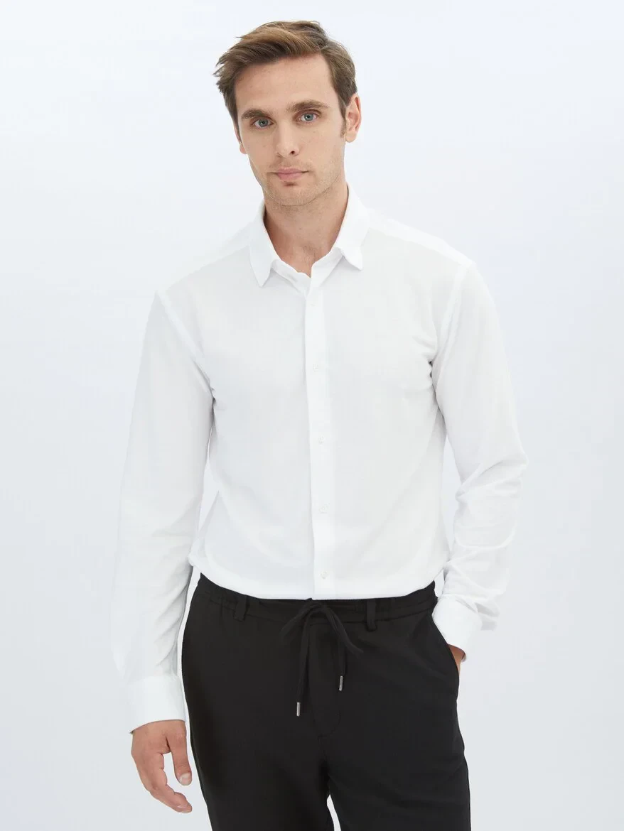 White Regular Fit Knitting Casual Cotton Blended Shirt - 1