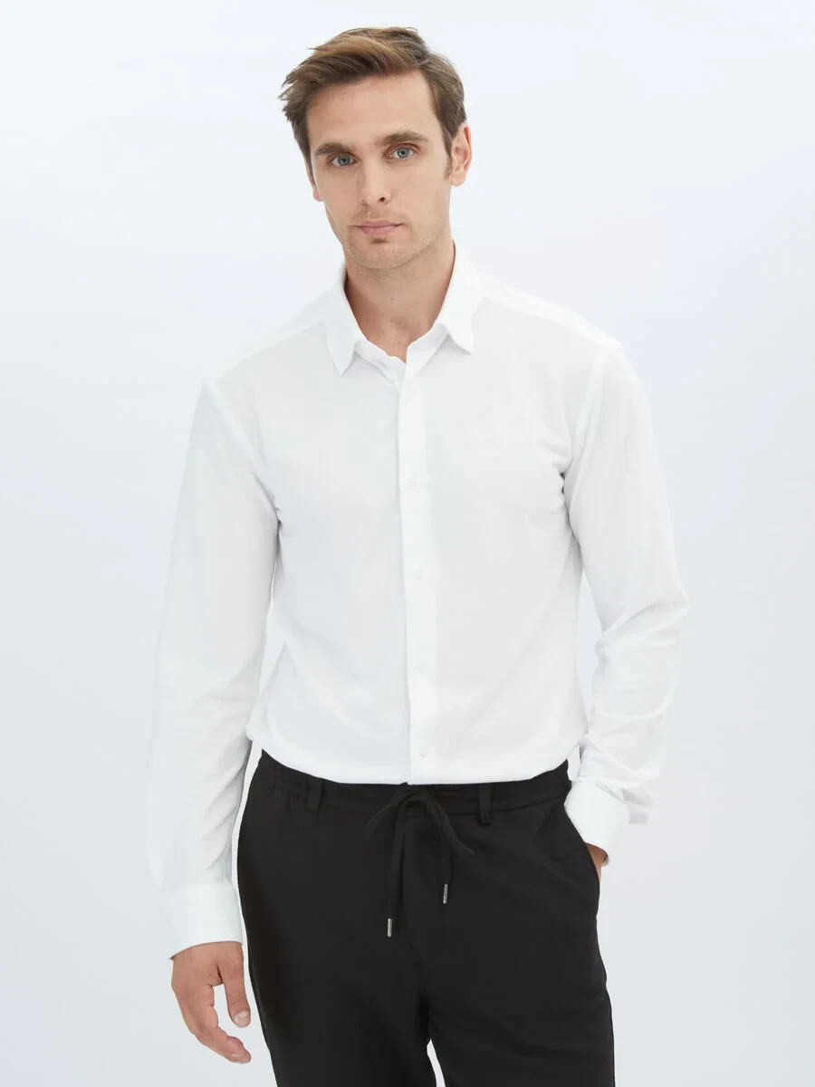 White Regular Fit Knitting Casual Cotton Blended Shirt - 1