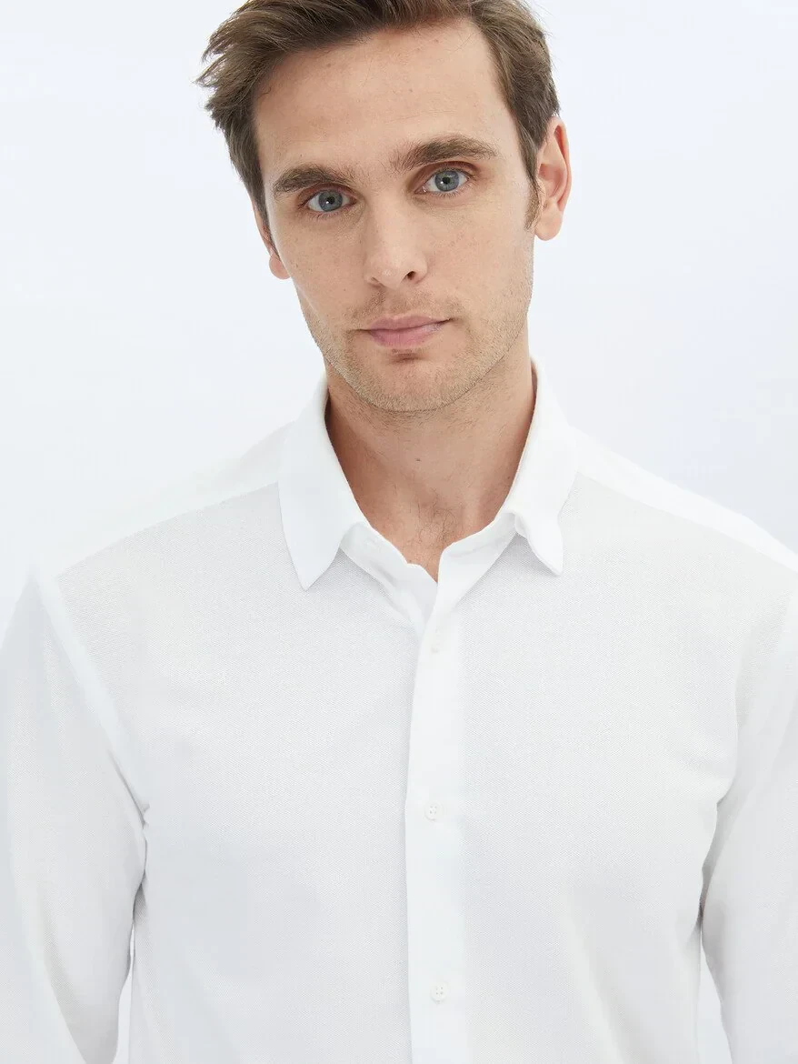 White Regular Fit Knitting Casual Cotton Blended Shirt - 3