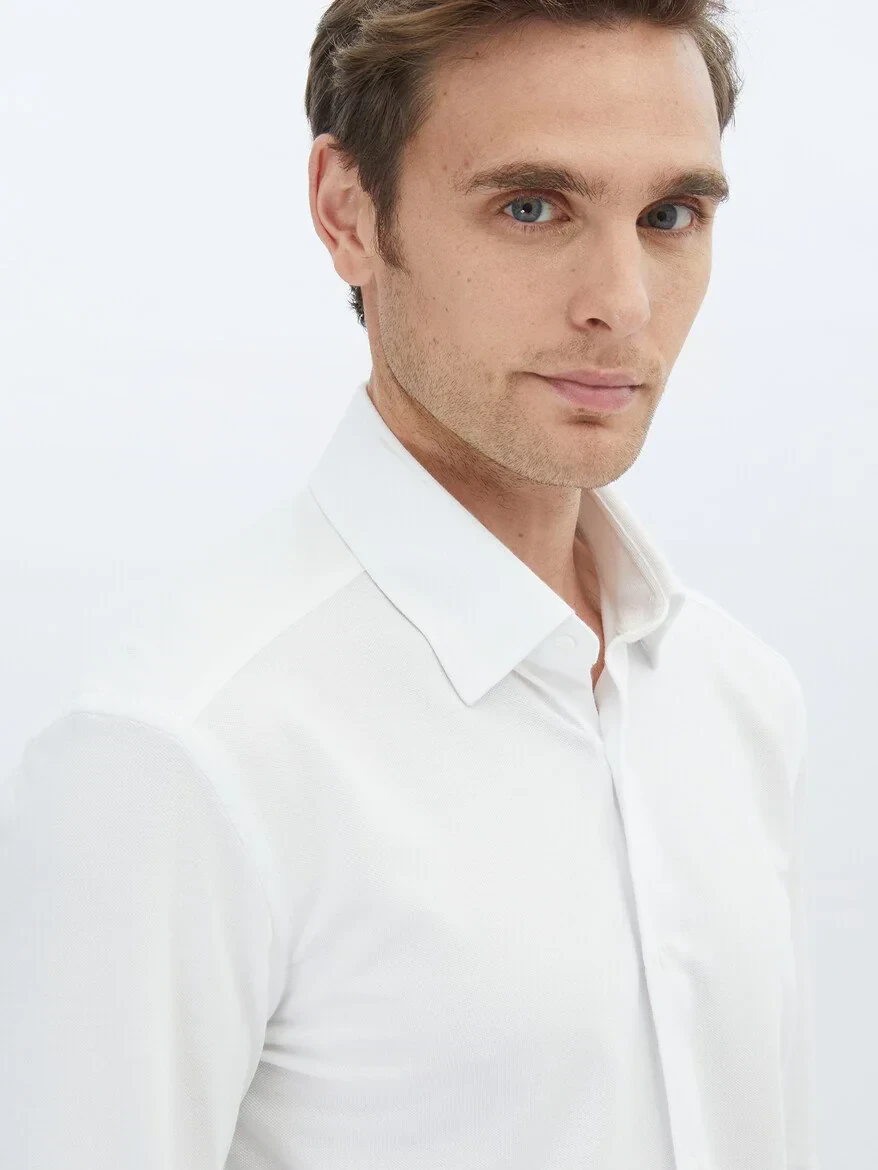 White Regular Fit Knitting Casual Cotton Blended Shirt - 4
