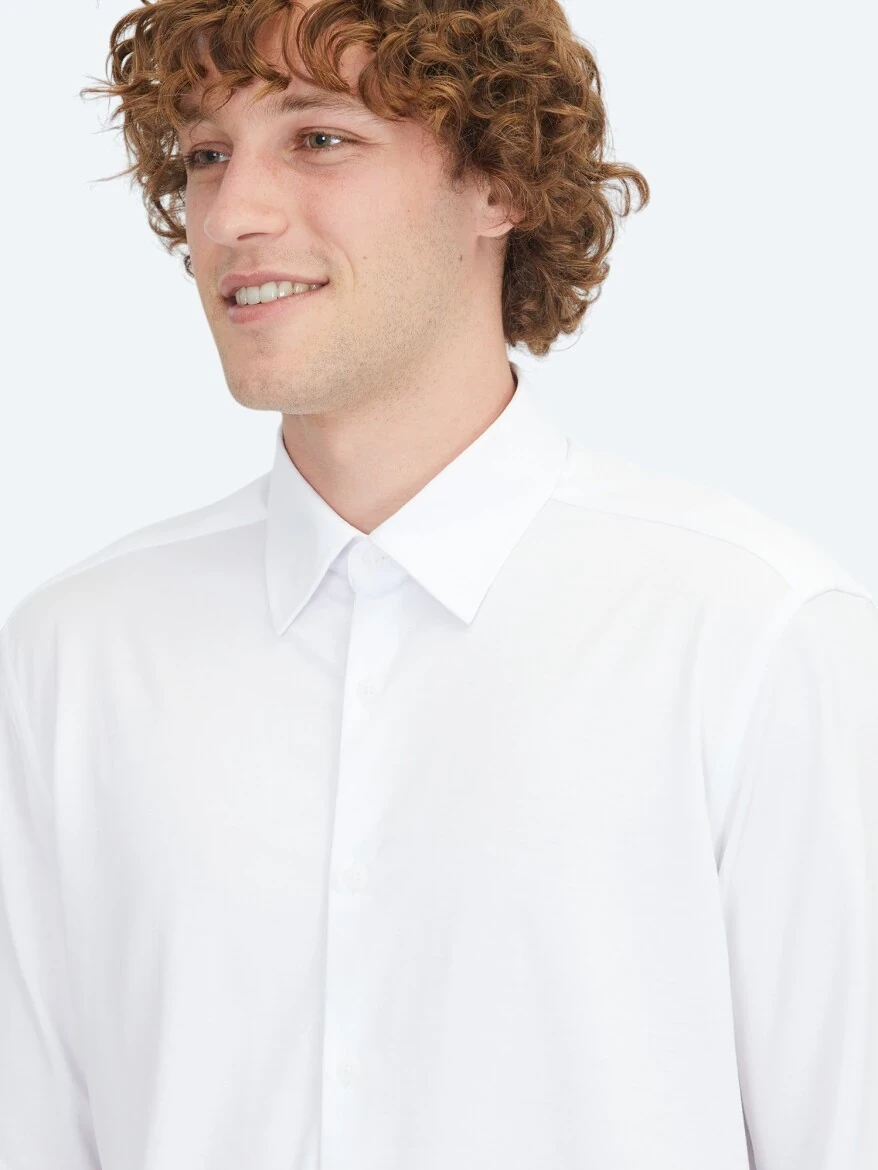 White Regular Fit Knitting Sport Cotton Blended Shirt - 4