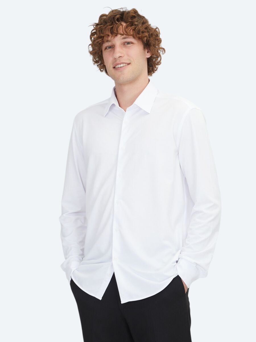 White Regular Fit Knitting Sport Cotton Blended Shirt - 1
