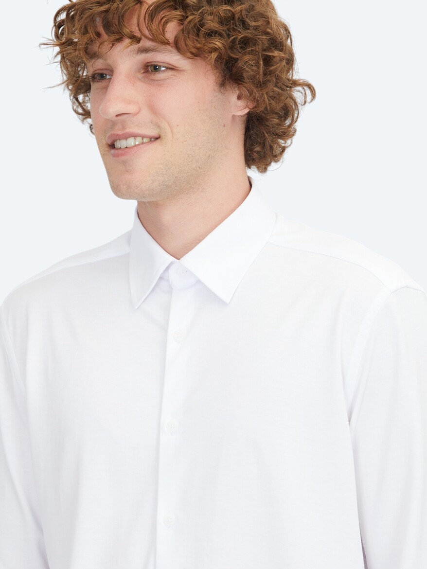 White Regular Fit Long Knitting Sport Cotton Blended Shirt - 4