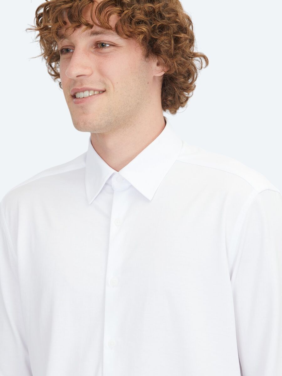 White Regular Fit Long Knitting Sport Cotton Blended Shirt - 4