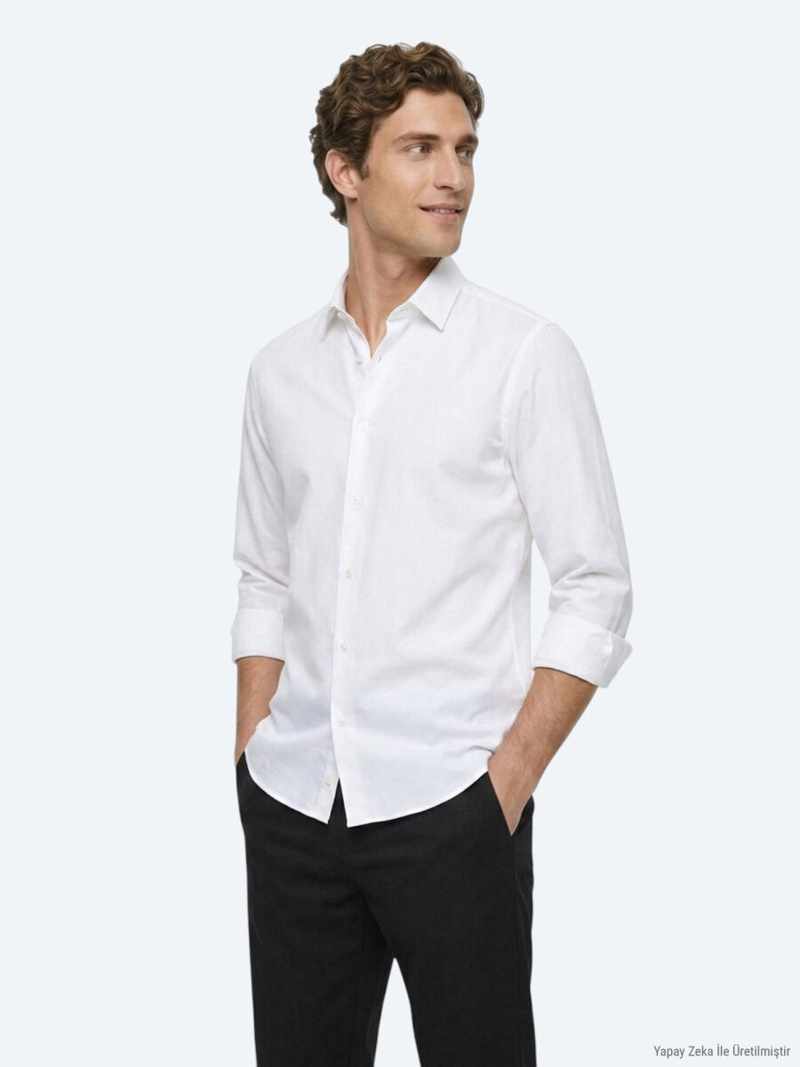 White Regular Fit Long Weaving Casual 100% Cotton Shirt - 4