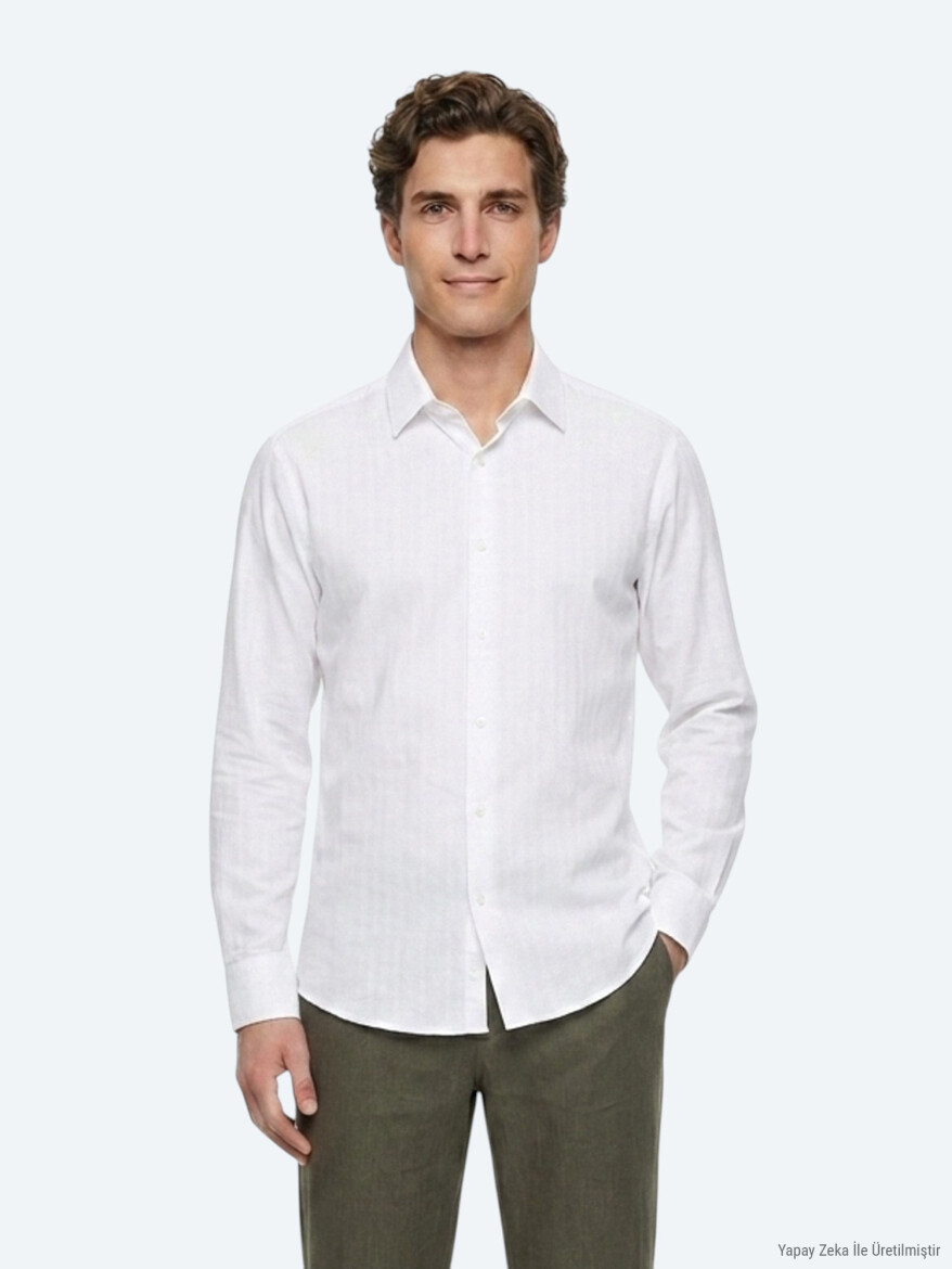 White Regular Fit Long Weaving Casual 100% Cotton Shirt - 2