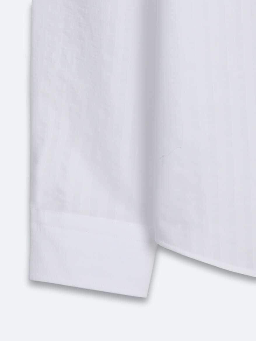 White Regular Fit Long Weaving Casual 100% Cotton Shirt - 8