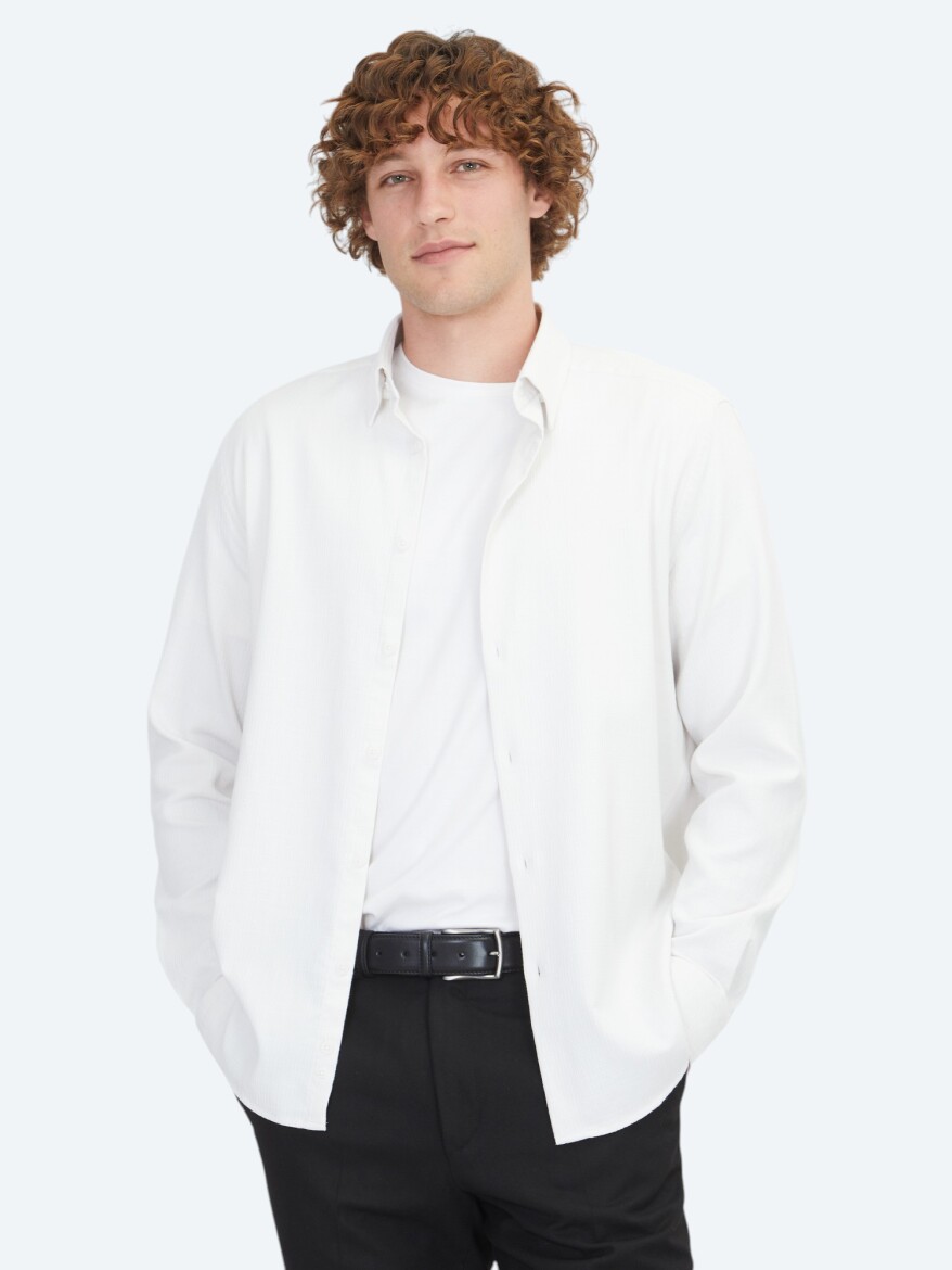 White Regular Fit Long Weaving Casual Cotton Blended Shirt - 1