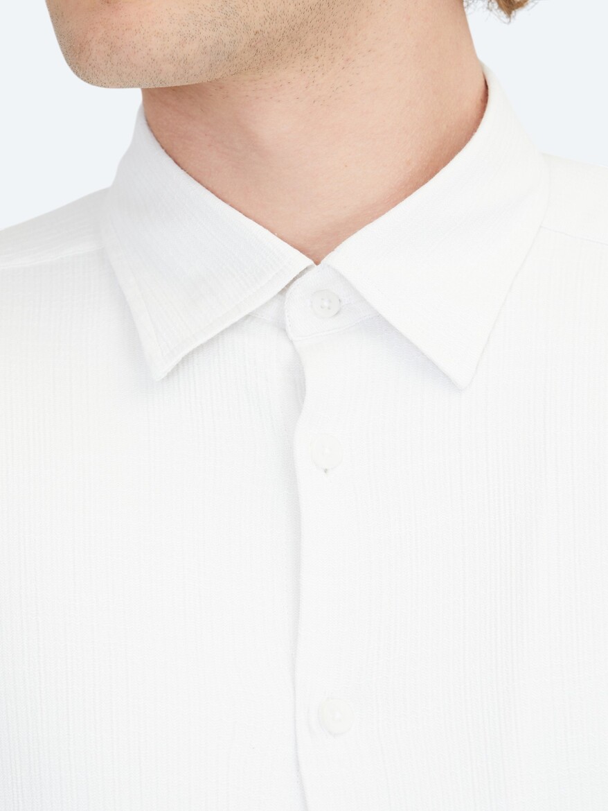 White Regular Fit Long Weaving Casual Cotton Blended Shirt - 5