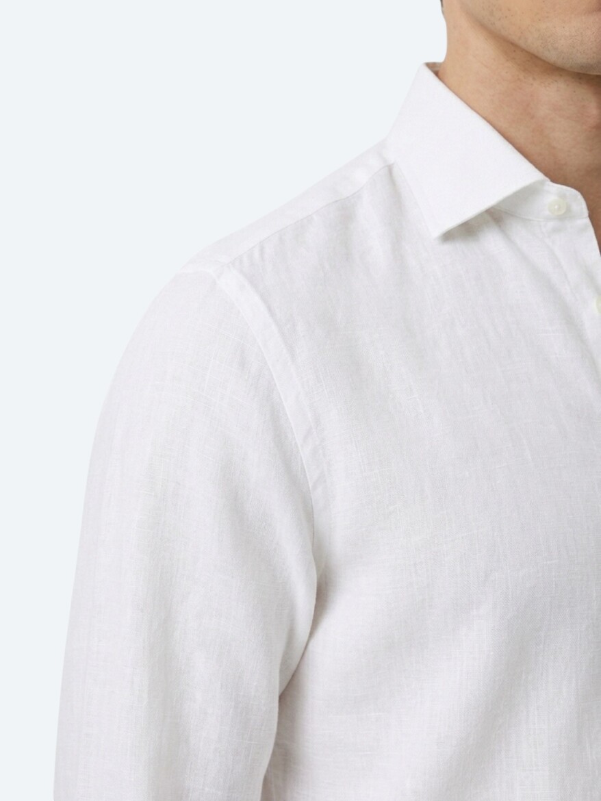 White Regular Fit Long Weaving Casual Cotton Blended Shirt - 3