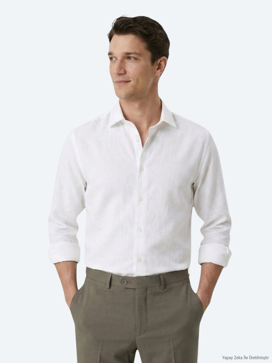 White Regular Fit Long Weaving Casual Cotton Blended Shirt - KİP