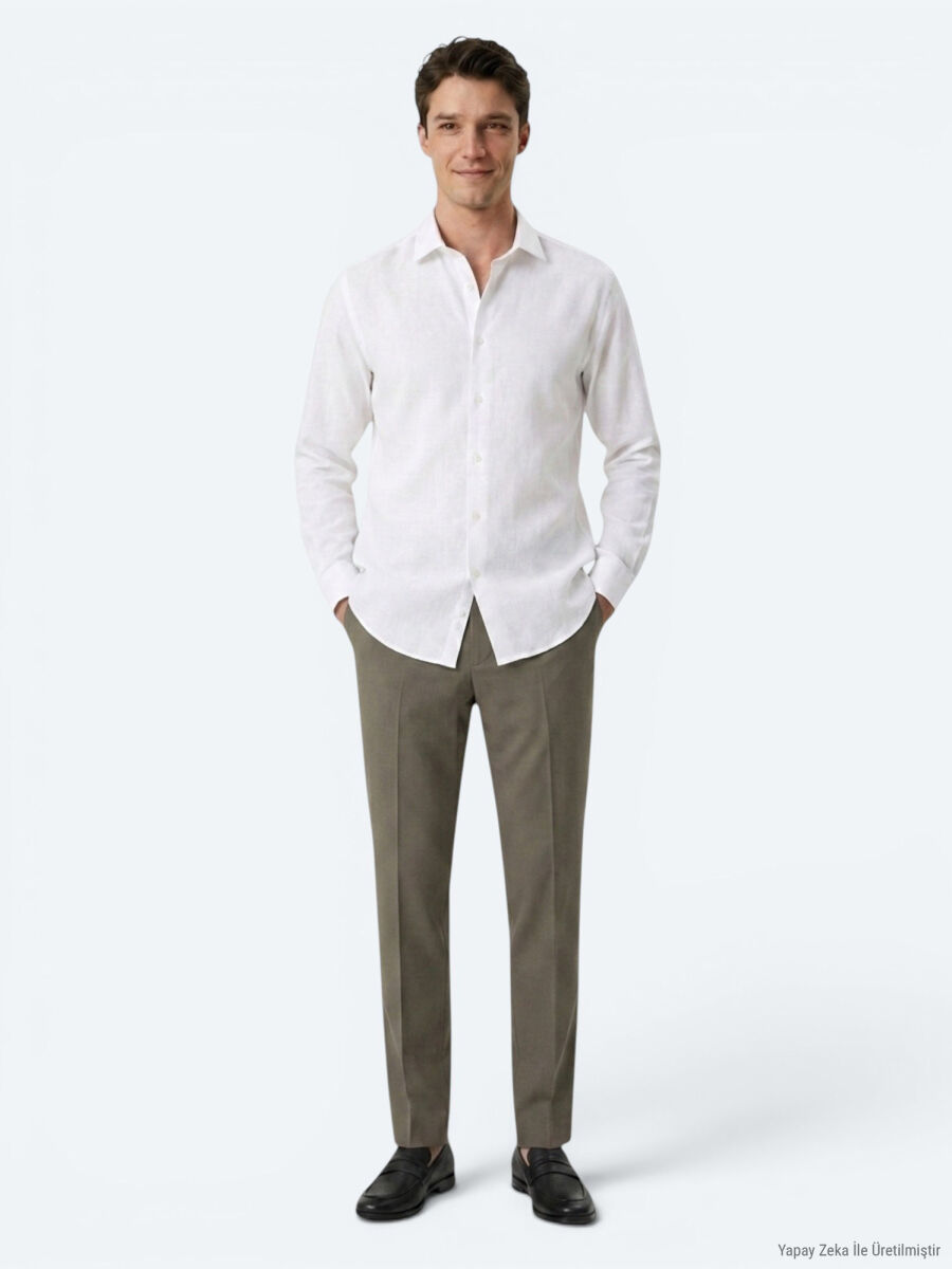 White Regular Fit Long Weaving Casual Cotton Blended Shirt - 2