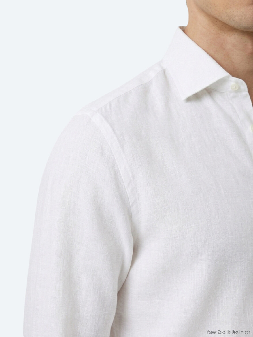 White Regular Fit Long Weaving Casual Cotton Blended Shirt - 3