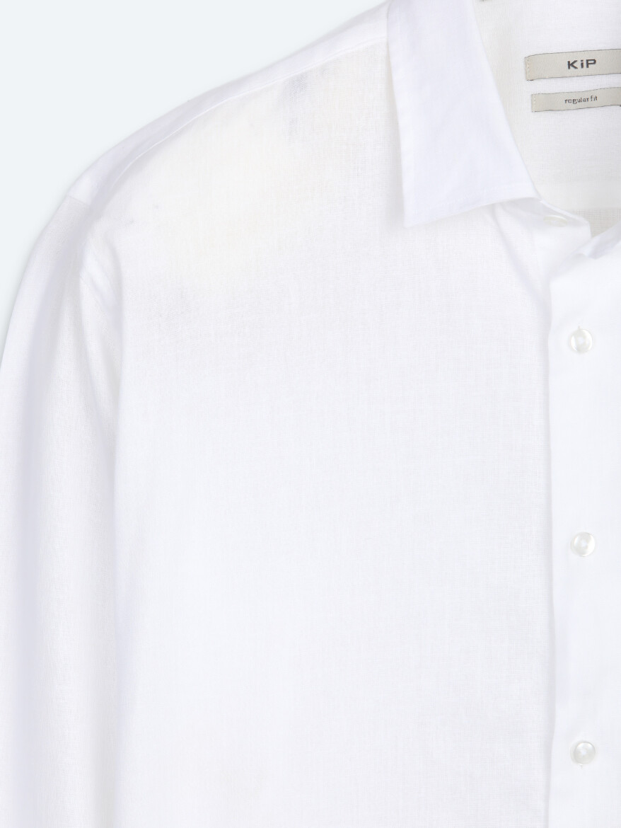 White Regular Fit Long Weaving Casual Cotton Blended Shirt - 7