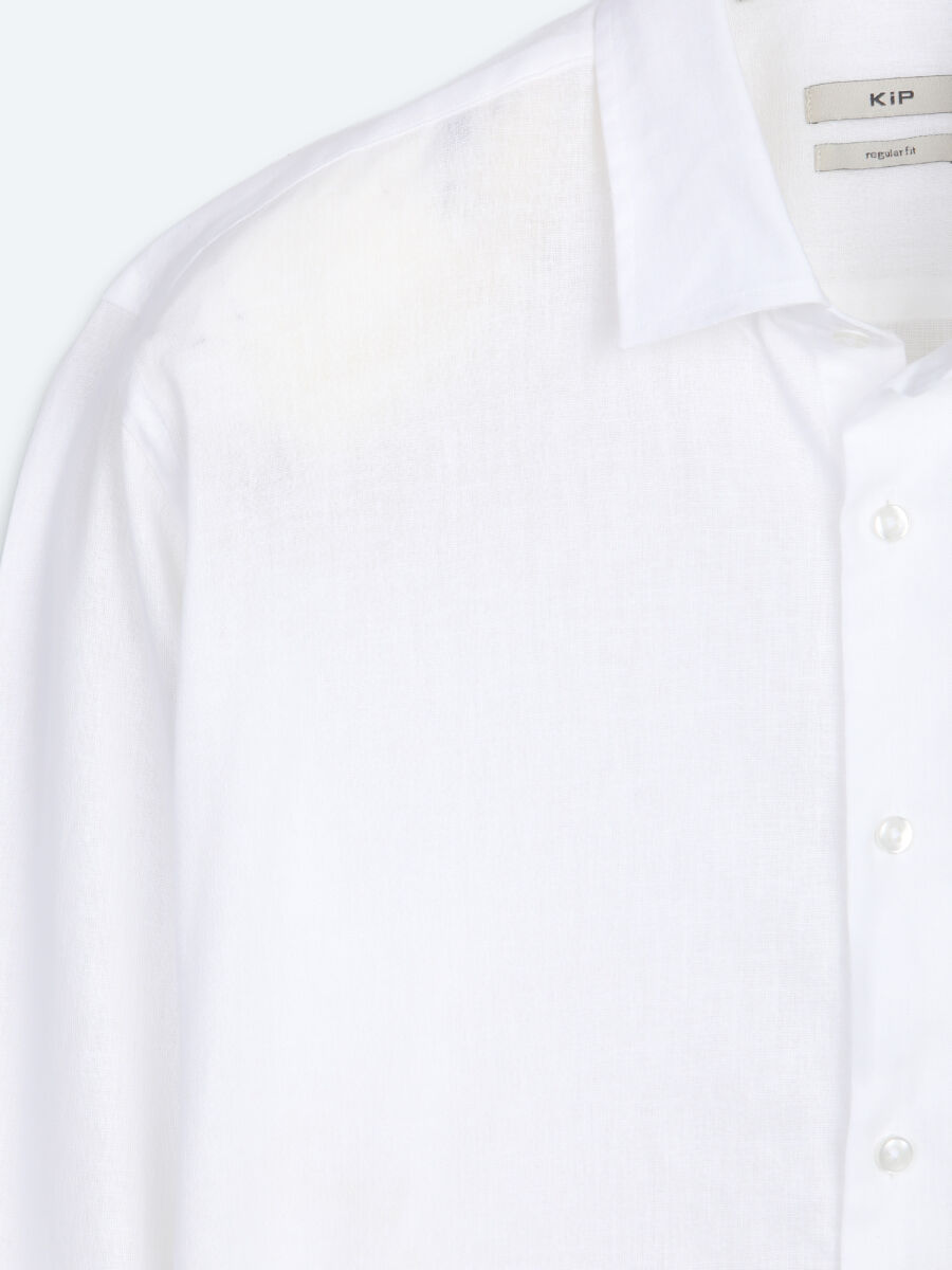 White Regular Fit Long Weaving Casual Cotton Blended Shirt - 7