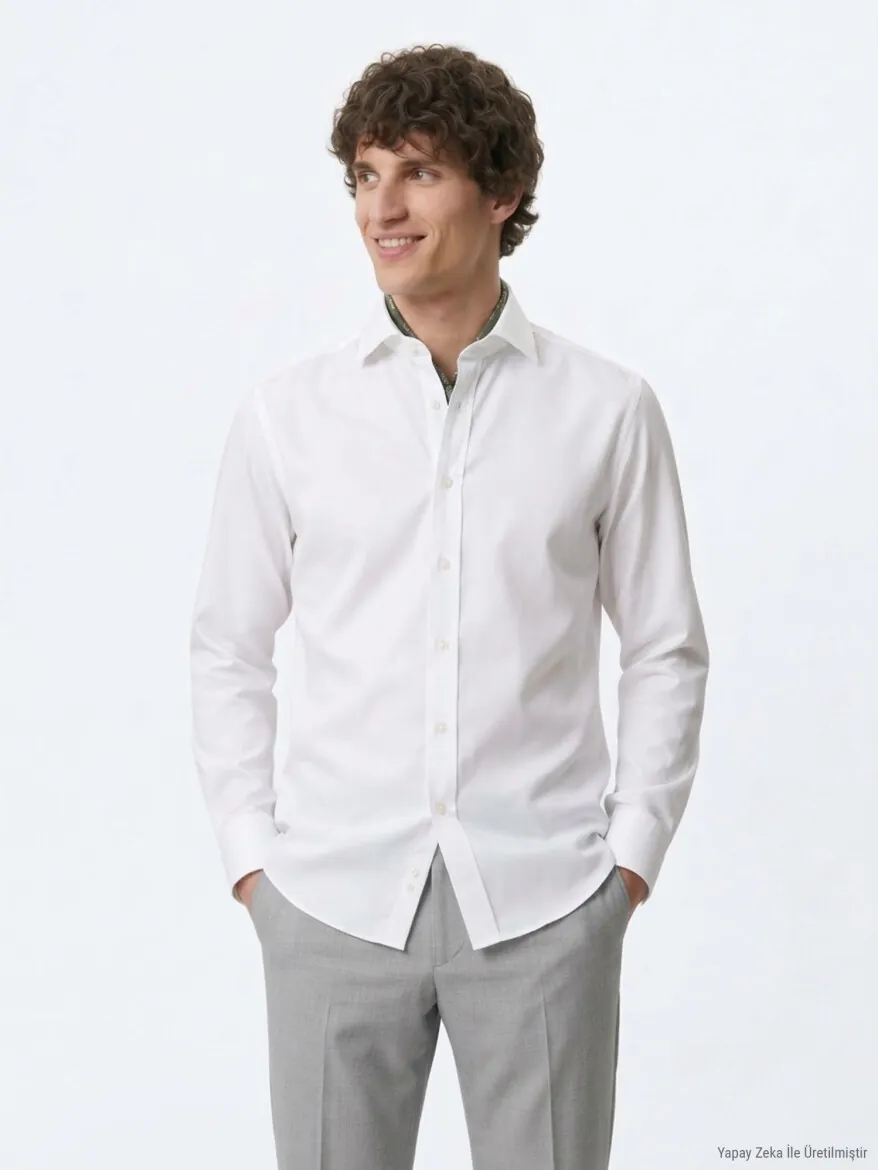 White Regular Fit Long Weaving Classical 100% Cotton Shirt - KİP