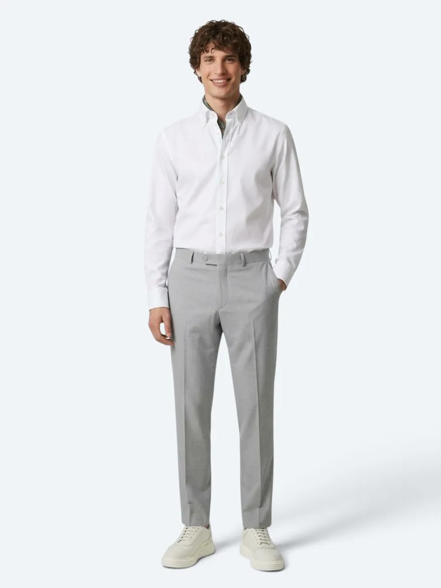 White Regular Fit Long Weaving Classical 100% Cotton Shirt - 3
