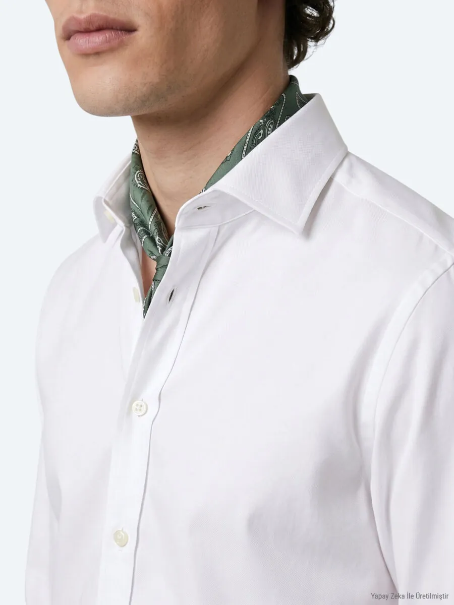 White Regular Fit Long Weaving Classical 100% Cotton Shirt - 4