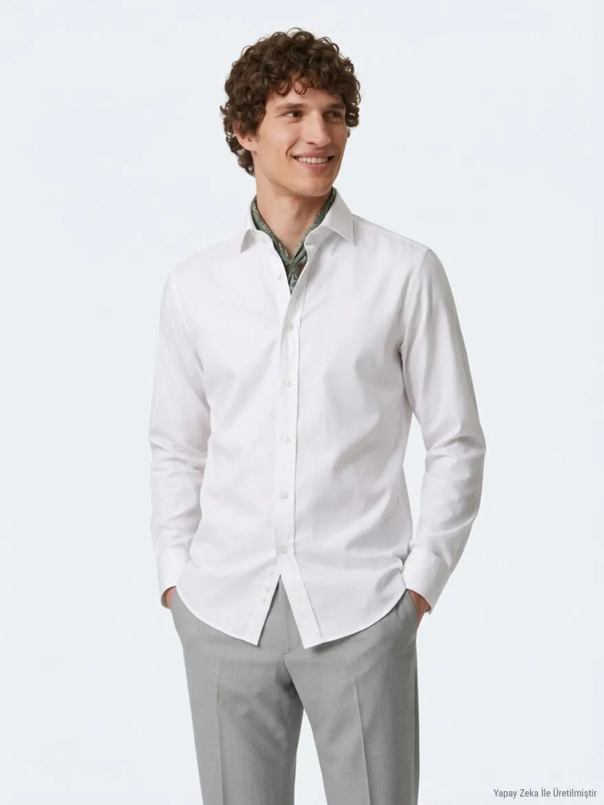 White Regular Fit Long Weaving Classical 100% Cotton Shirt - 5