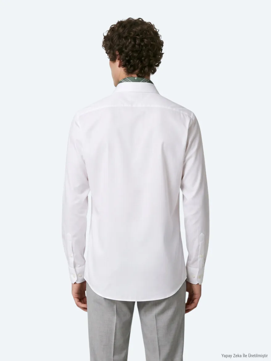 White Regular Fit Long Weaving Classical 100% Cotton Shirt - 6