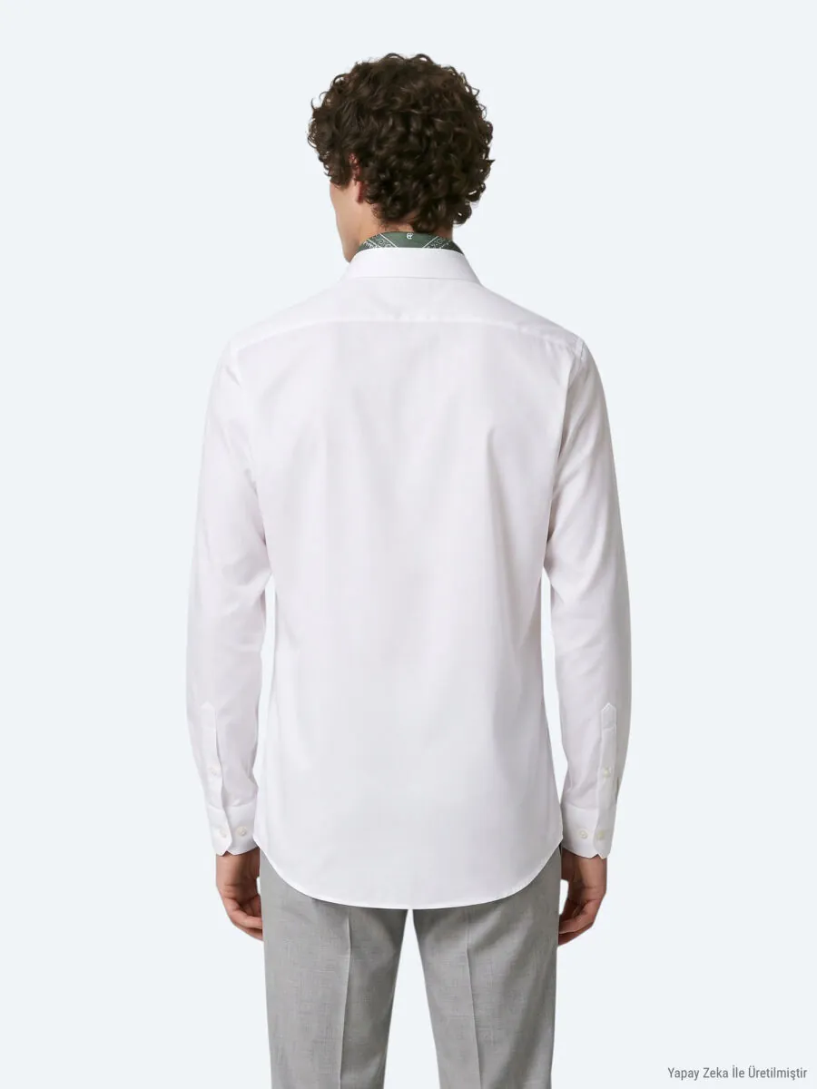 White Regular Fit Long Weaving Classical 100% Cotton Shirt - 6