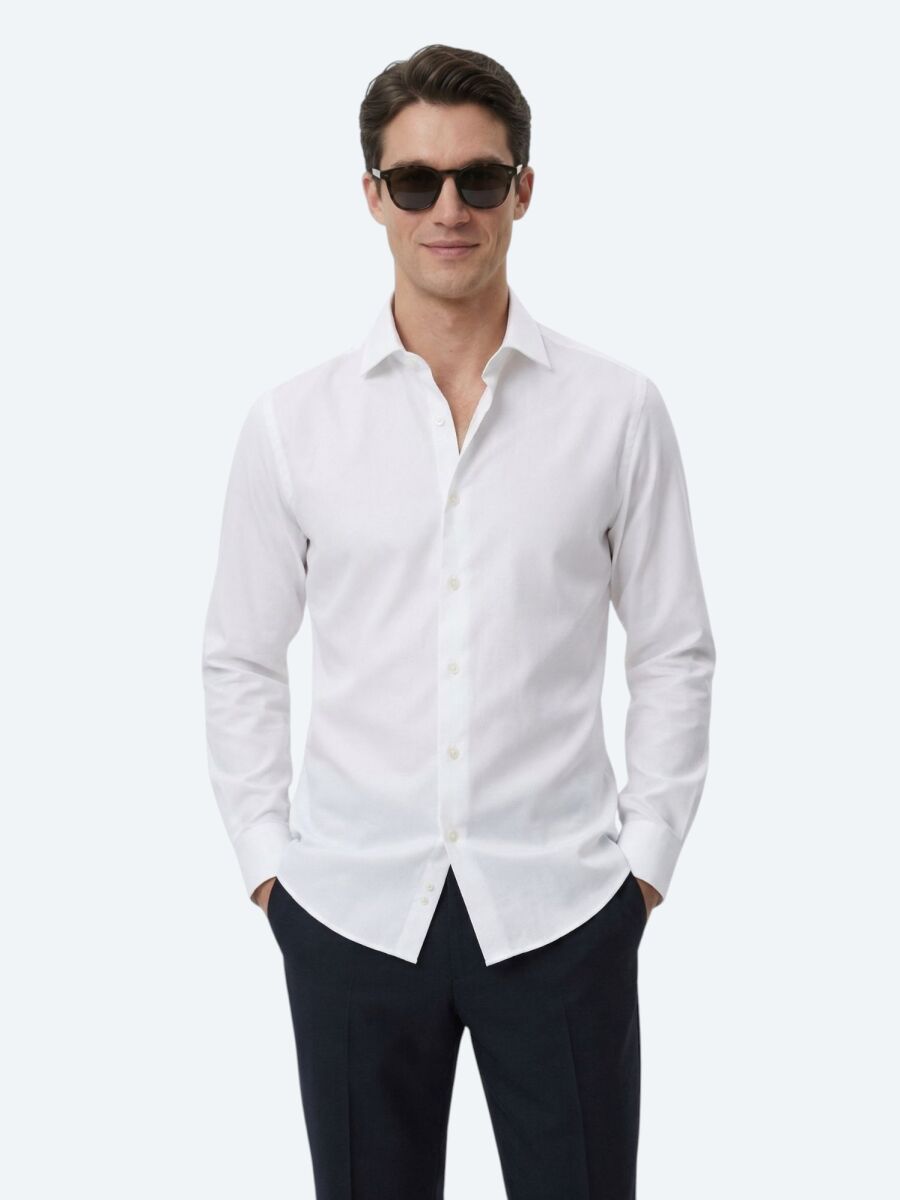 White Regular Fit Long Weaving Classical 100% Cotton Shirt - 1