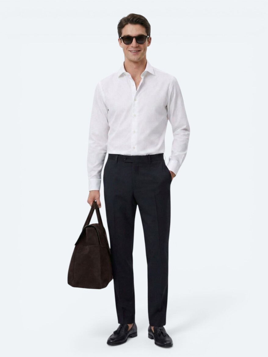 White Regular Fit Long Weaving Classical 100% Cotton Shirt - 2