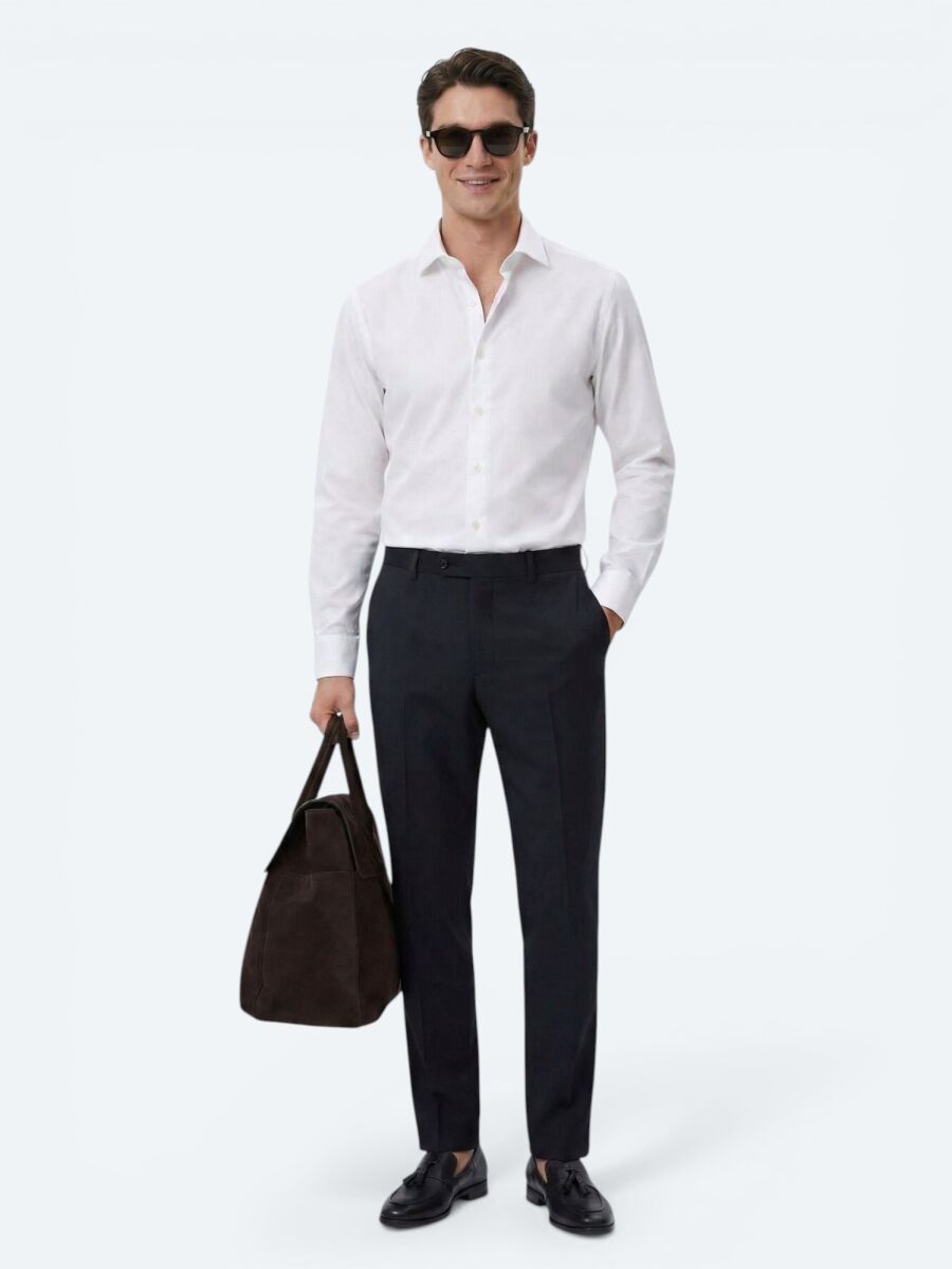 White Regular Fit Long Weaving Classical 100% Cotton Shirt - 2