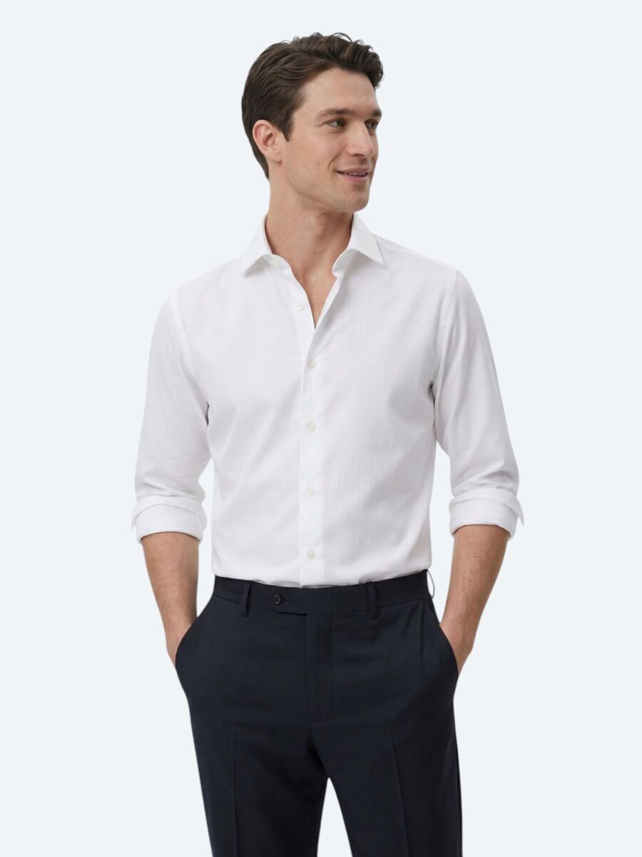 White Regular Fit Long Weaving Classical 100% Cotton Shirt - 4