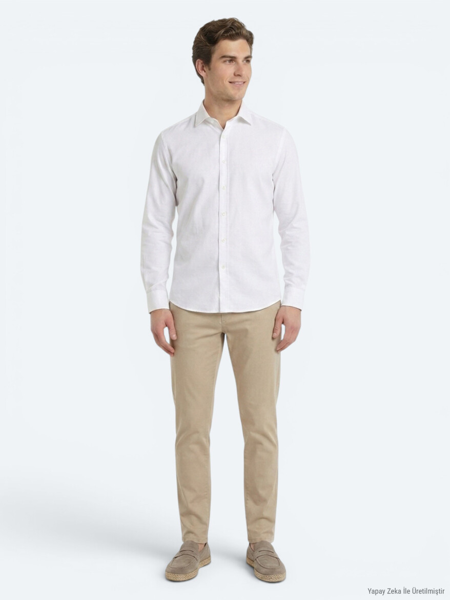 White Regular Fit Long Weaving Classical 100% Cotton Shirt - 3